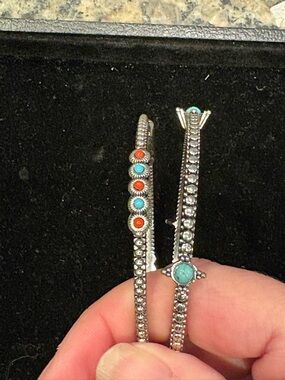 RJ Graziano Faux Turquoise and Coral Accent Silver Bangle Bracelets
